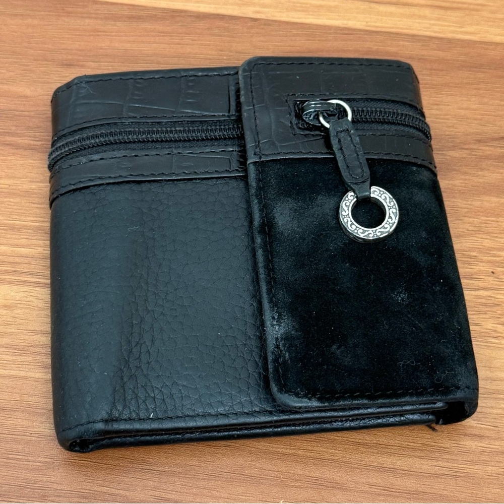 Vintage BRIGHTON Black Leather with Suede Trim Trifold Wallet